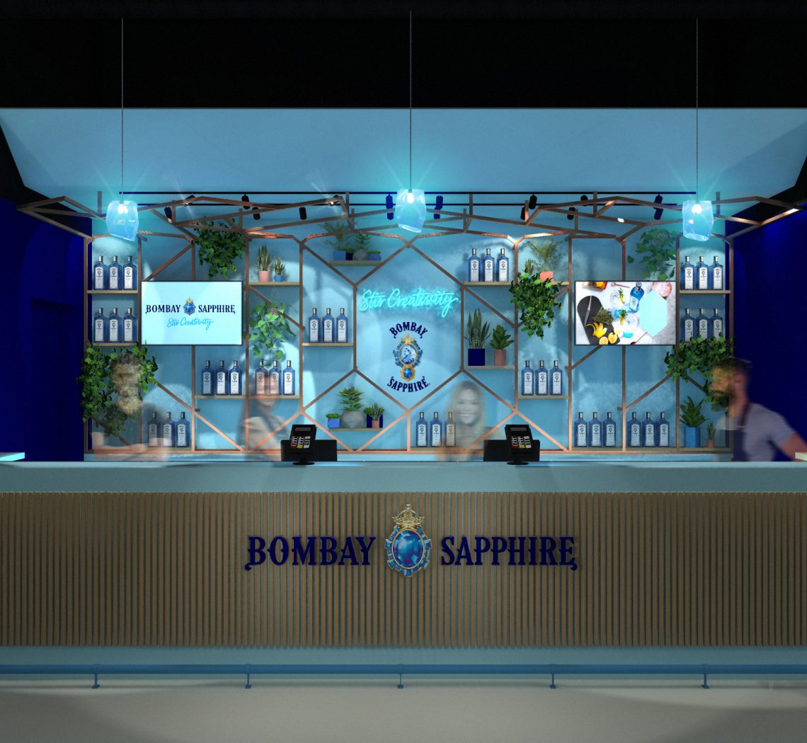 Bombay Sapphire Branded Bar front view 3d render