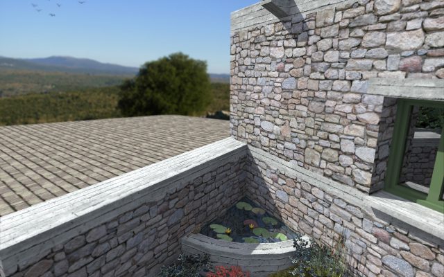 Roof water drainage and small pool in the yard of the agricultural warehouse building in Karytaina, Arkadia, Greece.