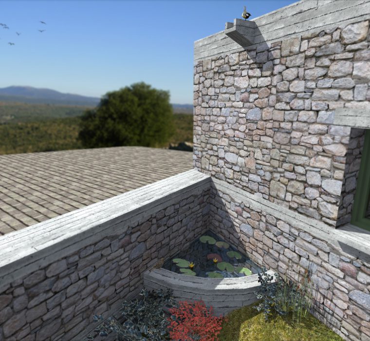 Roof water drainage and small pool in the yard of the agricultural warehouse building in Karytaina, Arkadia, Greece.