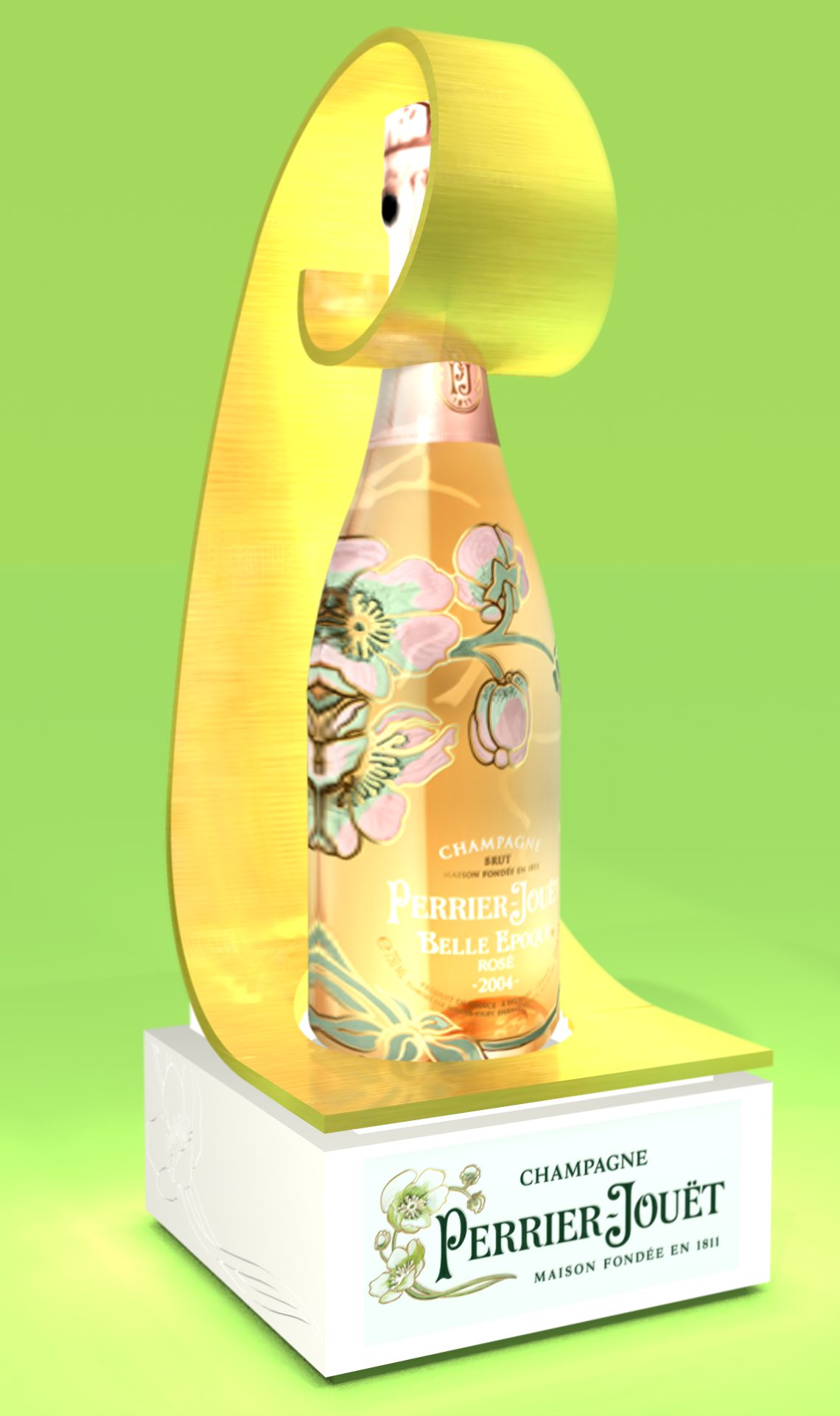 Concept 1 of the Perrier-Jouët- the rose project- bottle presentation. 3d render.