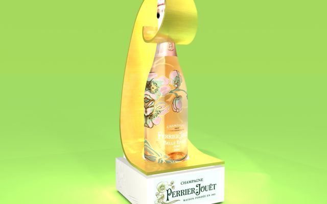 Concept 1 of the Perrier-Jouët- the rose project- bottle presentation. 3d render.